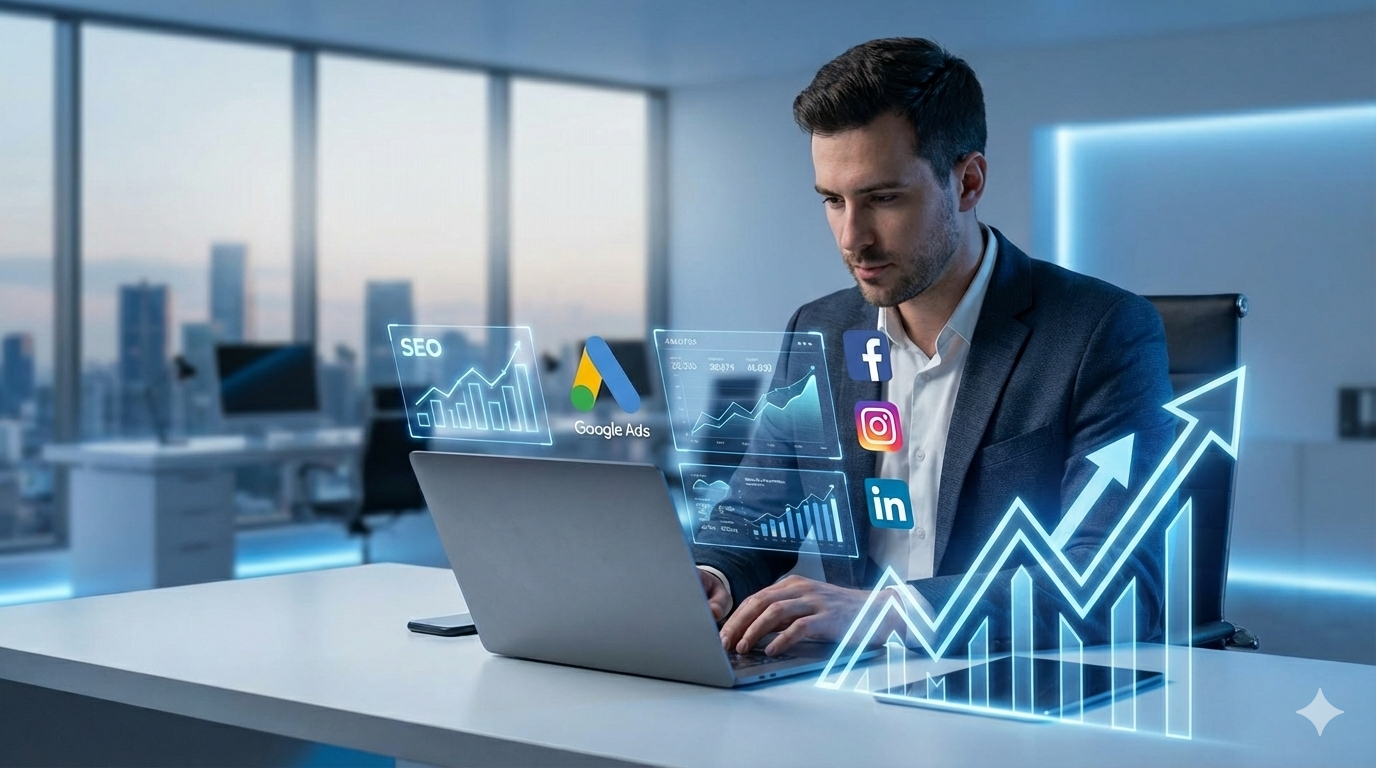 Digital marketing services dashboard with SEO, Google Ads, and social media analytics on laptop.